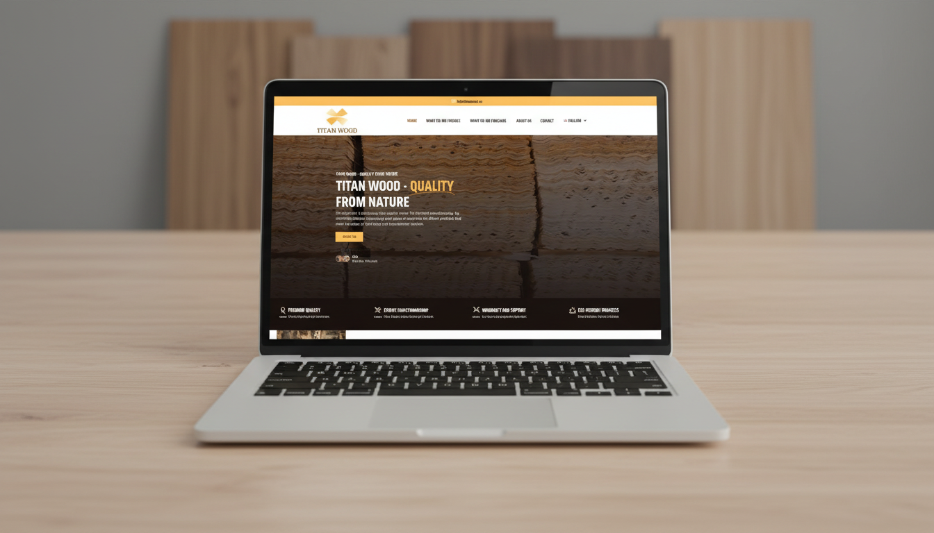 Titan Wood mājaslapas mockup - finiera ražotāja daudzvalodu mājaslapa